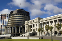 The Beehive and Parliament House in Wellington, New Zealand